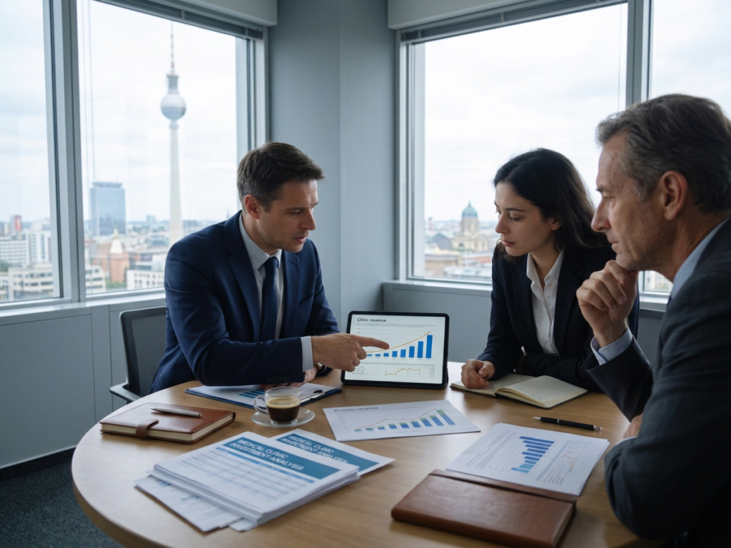 Medical finance conference room with subtle facial expressions.